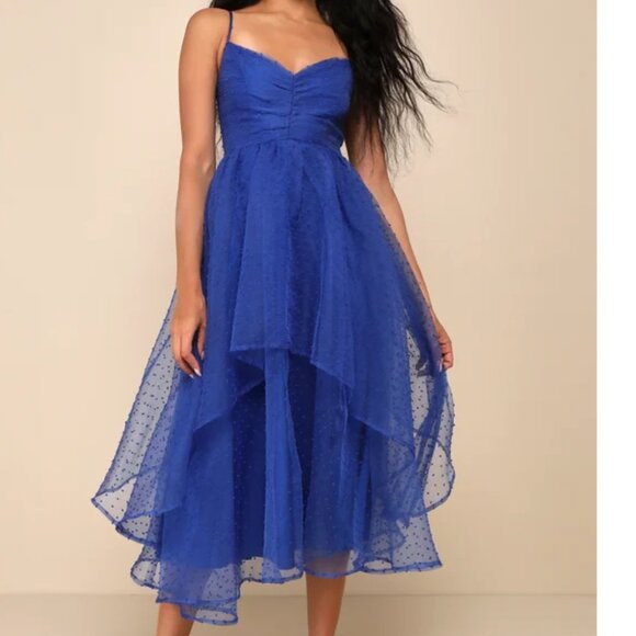 Favorite Event Cobalt Blue Swiss Dot Pleated Tiered Midi Dress - Picture 2 of 5